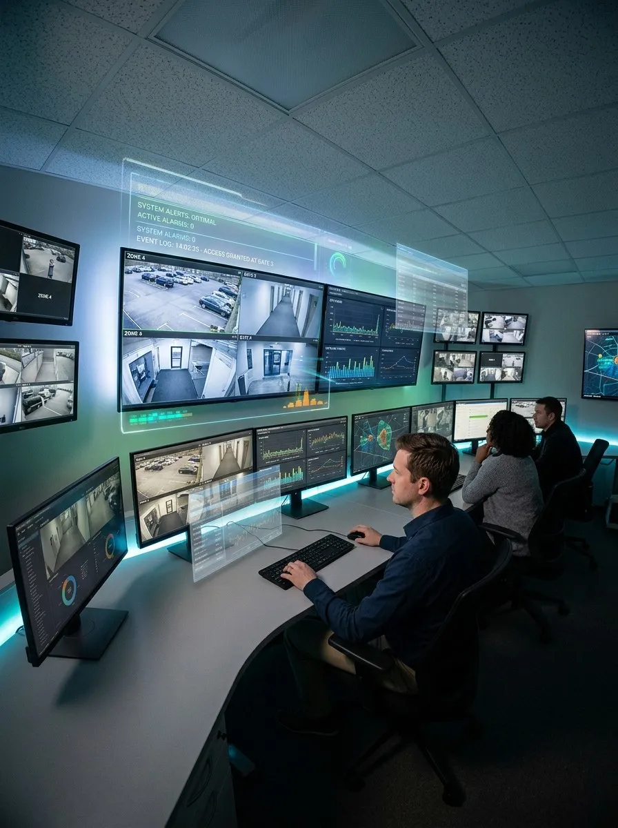 Centro de monitoreo con pantallas de cámaras y paneles de datos en tiempo real