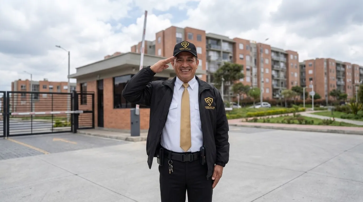Guarda de seguridad saludando en la portería de un conjunto residencial