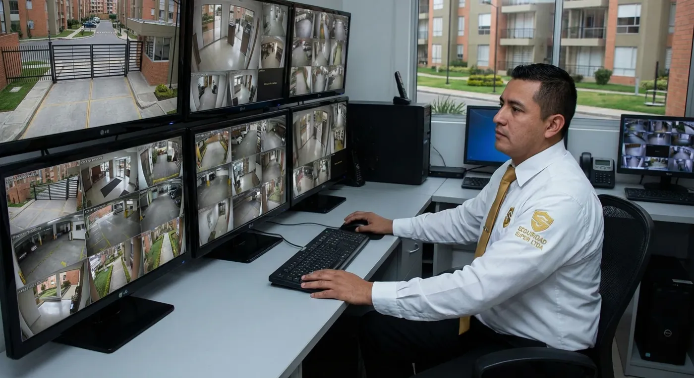 Operador de monitoreo frente a una pared de cámaras de seguridad