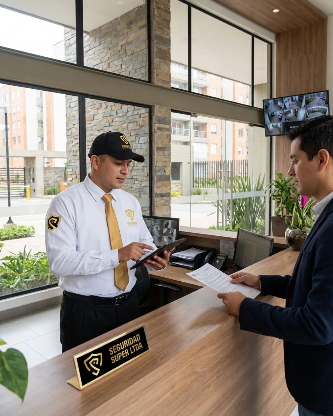 Operador de recepción atendiendo a un residente en el lobby de un conjunto residencial