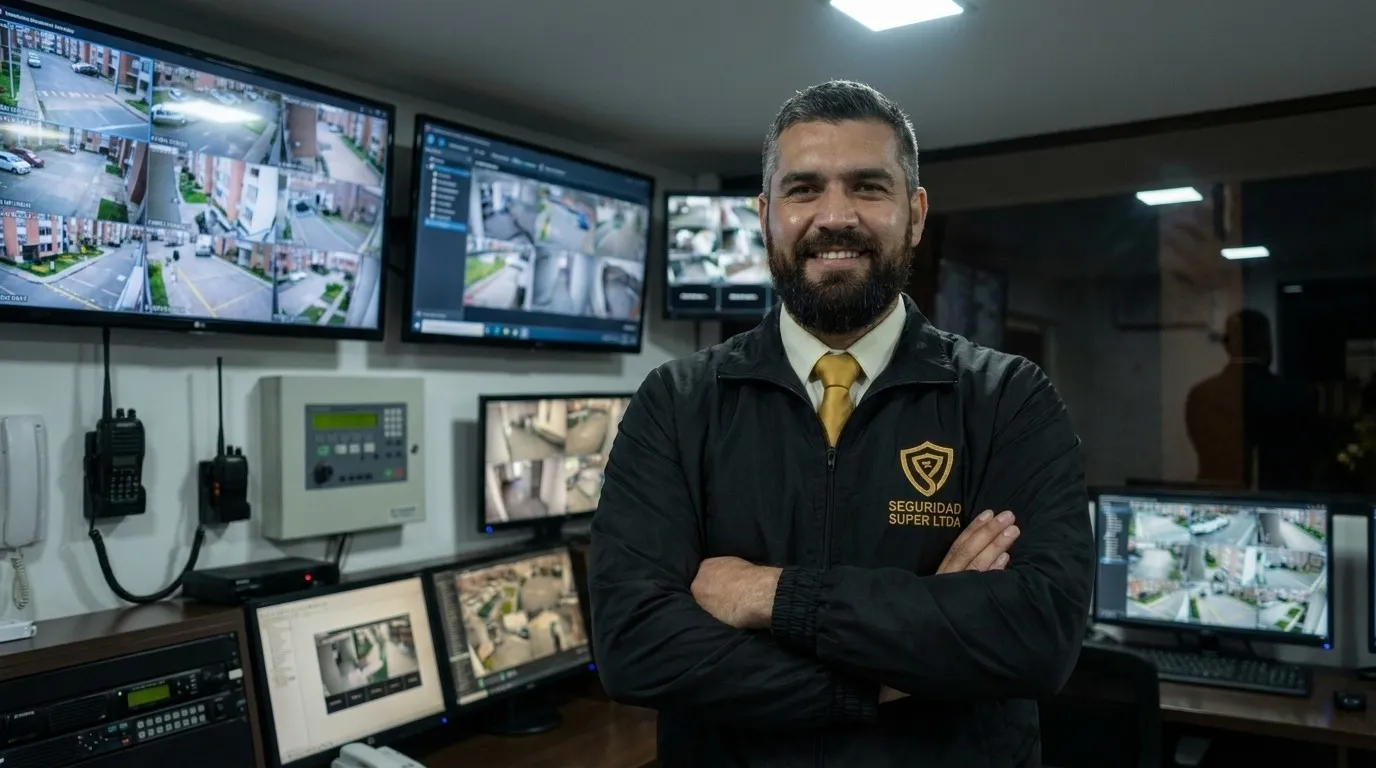 Operador de seguridad en la sala de control con múltiples pantallas de monitoreo